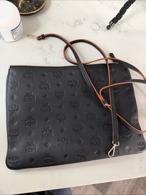MCM Black Crossbody Pouch with Brown-Trim Strap